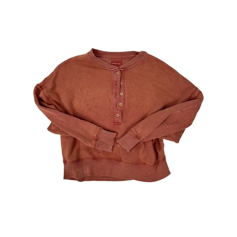 American Eagle Henley Sweatshirt Rust Terracotta Acid Wash Button Pullover Small